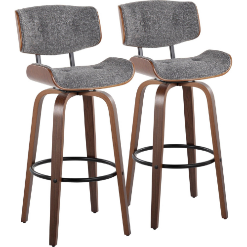 Lombardi 30" Swivel Bar Stool in Walnut Wood & Grey Noise Fabric w/ Black Footrest (Set of 2)